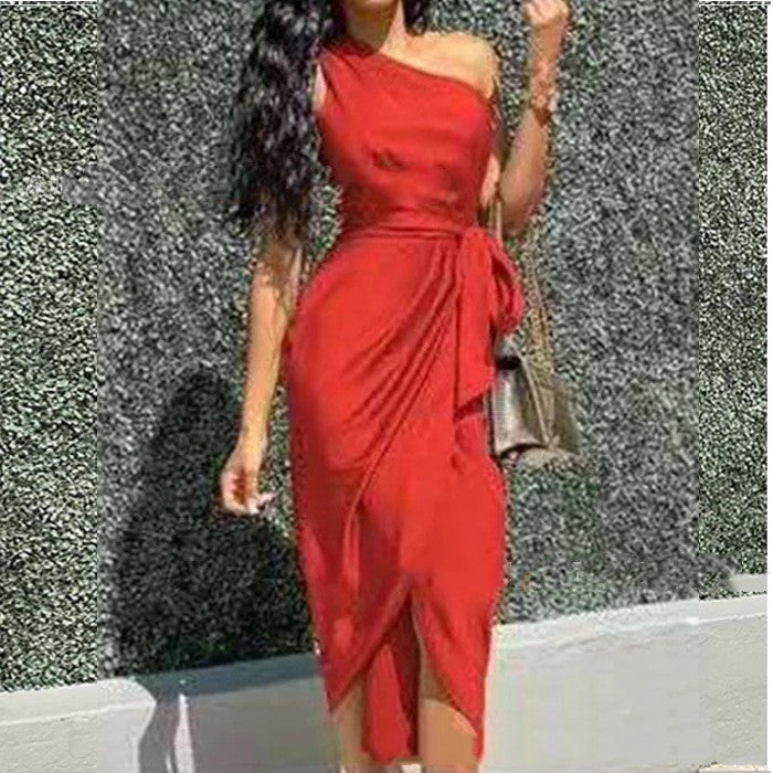 One-shoulder Bow Tie Belt Women's Party Dress