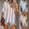 Women's Casual Colorful Striped Shirt Button Short Sleeve T Shirt