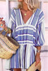 Women's Striped Print V Neck Three Quarter Sleeve Dress