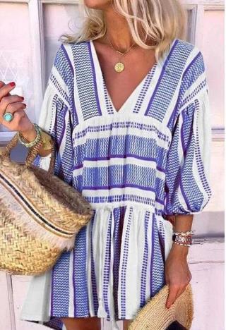 Women's Striped Print V Neck Three Quarter Sleeve Dress