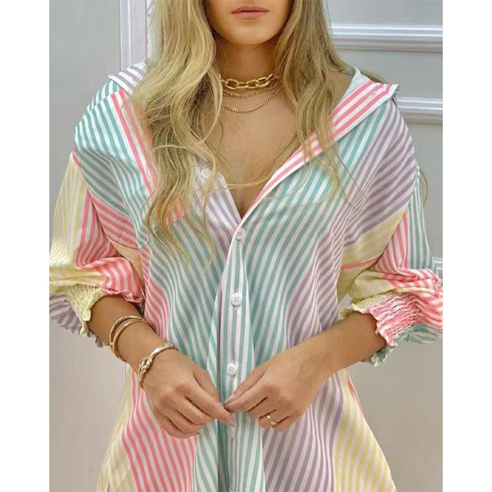 Colorful Striped Long Sleeve V Neck Shirt Dress