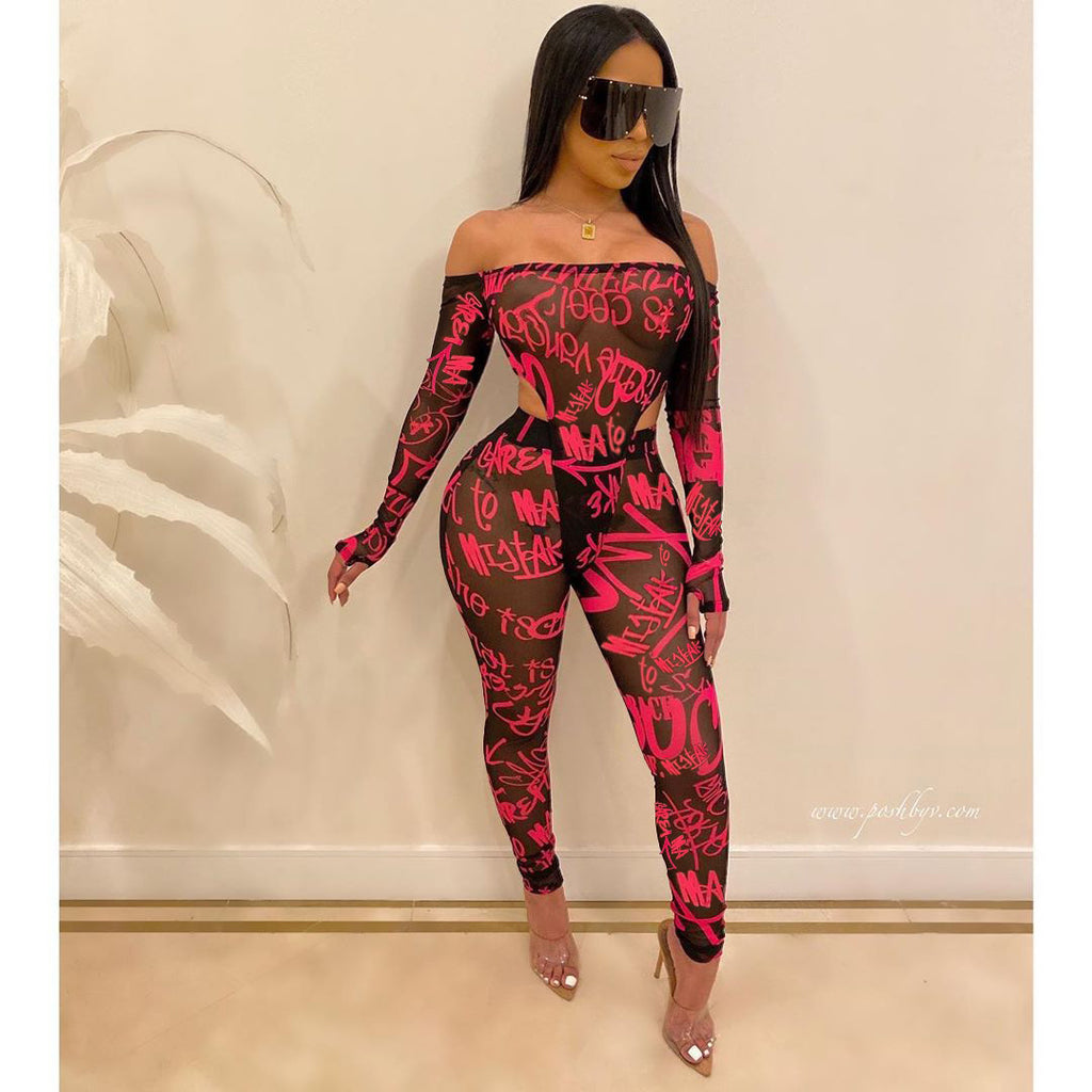 Letter print sexy word shoulder mesh suit