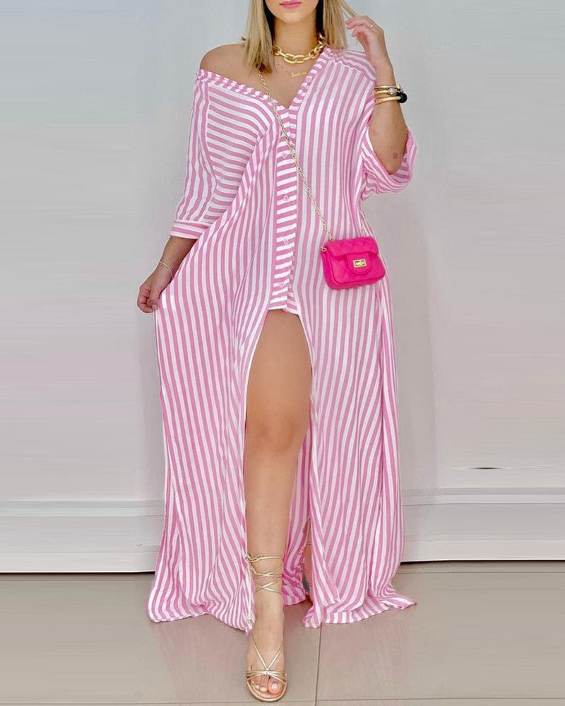 Loose Long Sleeve V Neck Striped Shirt Dress Women's