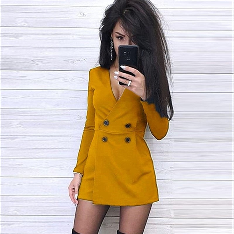 New Solid Color Slim Fake Two-piece V-neck Jumpsuit