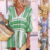 Women's Striped Print V Neck Three Quarter Sleeve Dress