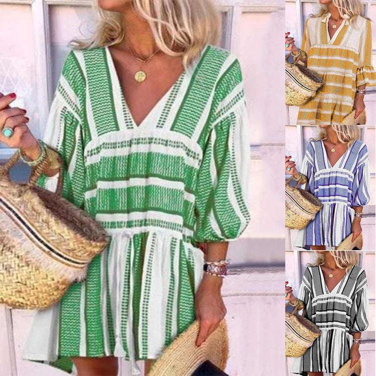 Women's Striped Print V Neck Three Quarter Sleeve Dress