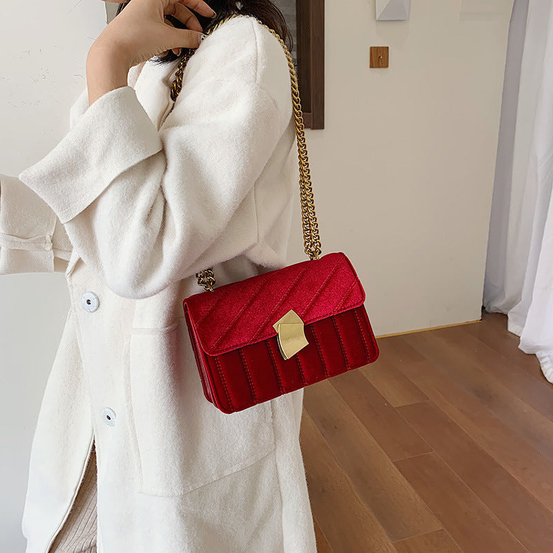 Gold Velvet Lock Shoulder Crossbody Bag