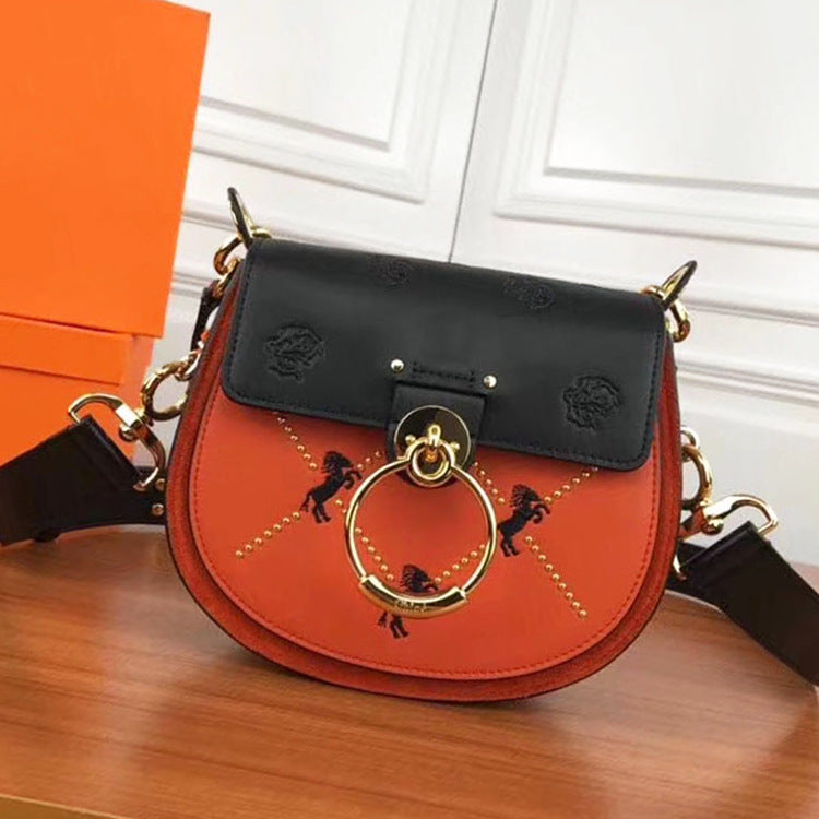 Ring Scrub Contrast Color Leather Piglet Bag Lady Fashion Saddle Bag