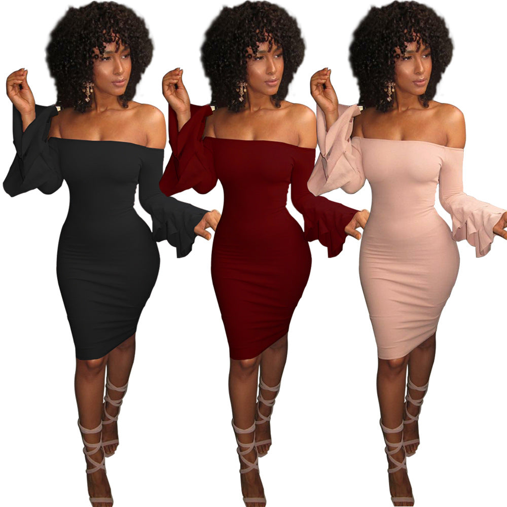 Autumn Dresses Robe Sexy Off Shoulder Slim Bodycon Dress Flare Sleeve Black Dress Women Midi Party Dress Vestidos