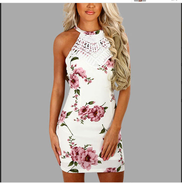 KANCOOLD Dress Womens Lace Patchwork Sleeveless Party Dress Halter Random Floral Print Mini fashion new Dress