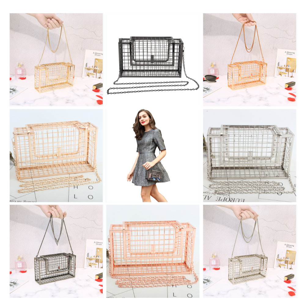 Metal hollow shoulder bag European and American fashion clutch iron mesh chain messenger dinner bag