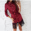 Woman Sexy Lace Button Patchwork Mini Dress Casual Three Quarter Sleeve Sashes Straight Dresses Spring Autumn Female Party Dress