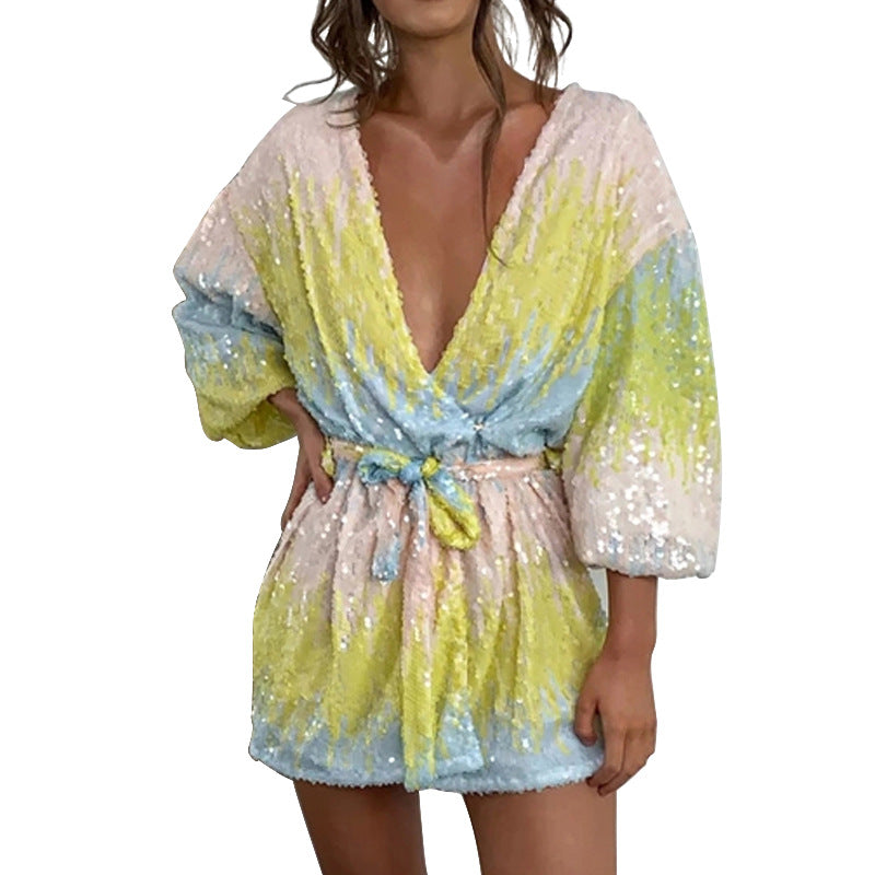 Sequined V-neck dress with long sleeves