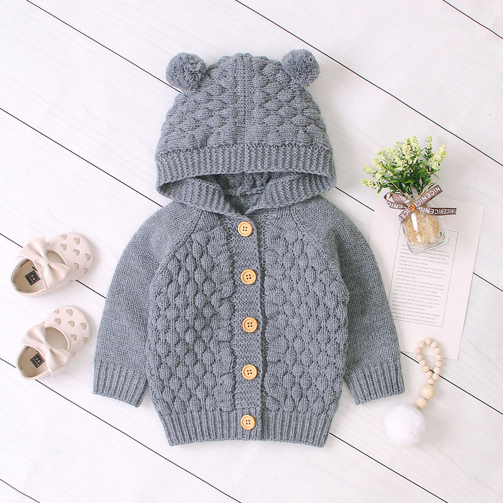 Wool ball hooded knitted jacket