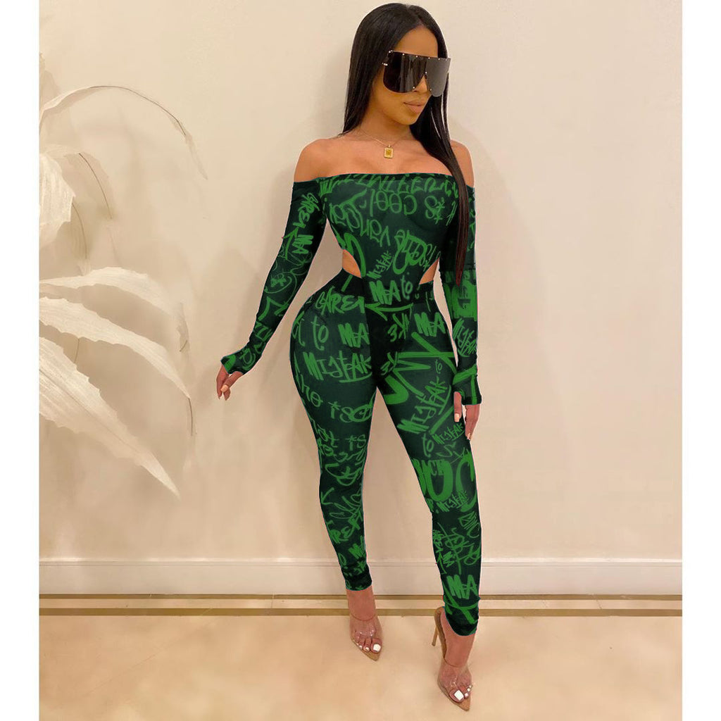 Letter print sexy word shoulder mesh suit