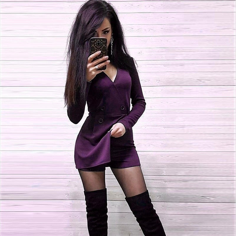 New Solid Color Slim Fake Two-piece V-neck Jumpsuit