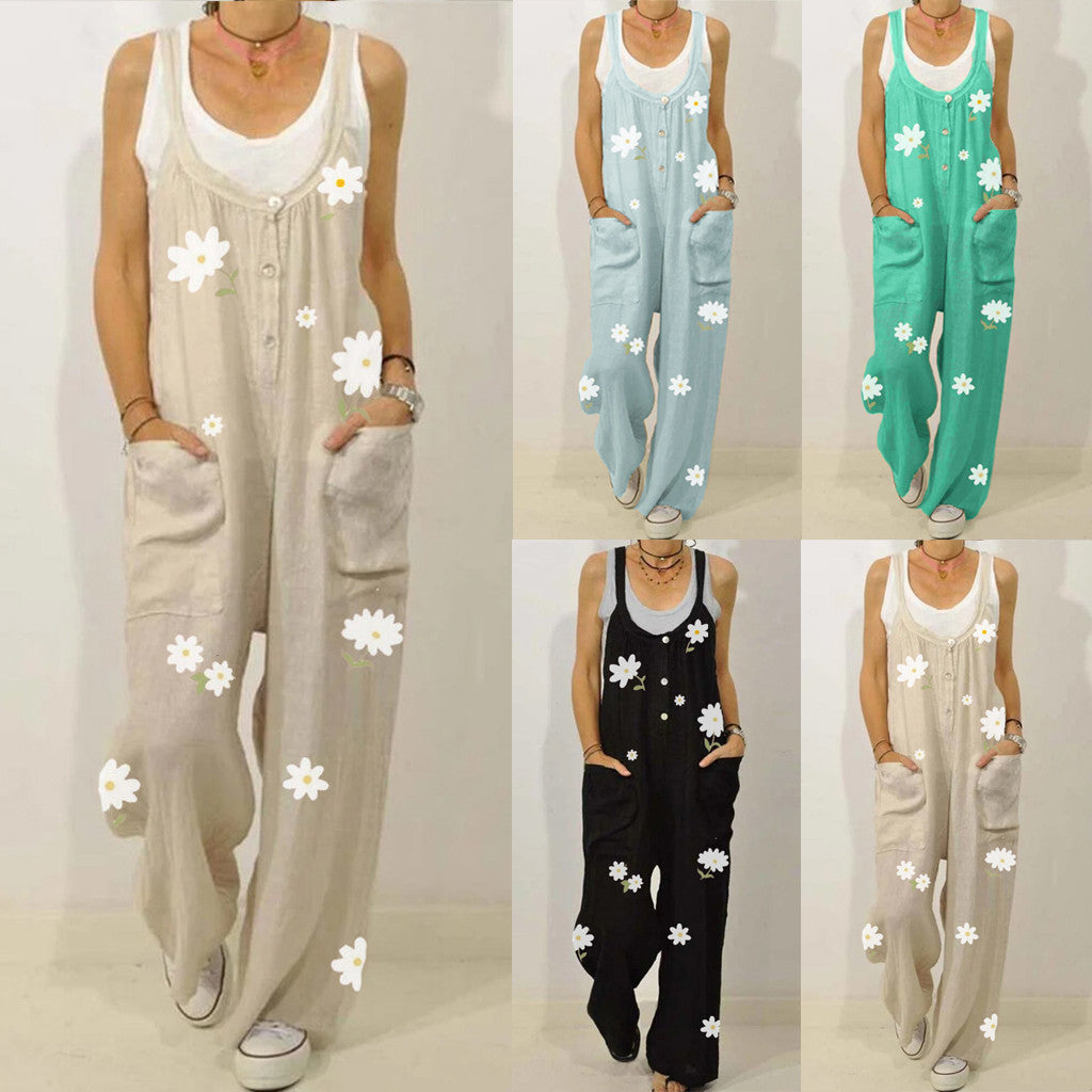 European And American New Style Cotton And Linen Printed Jumpsuit