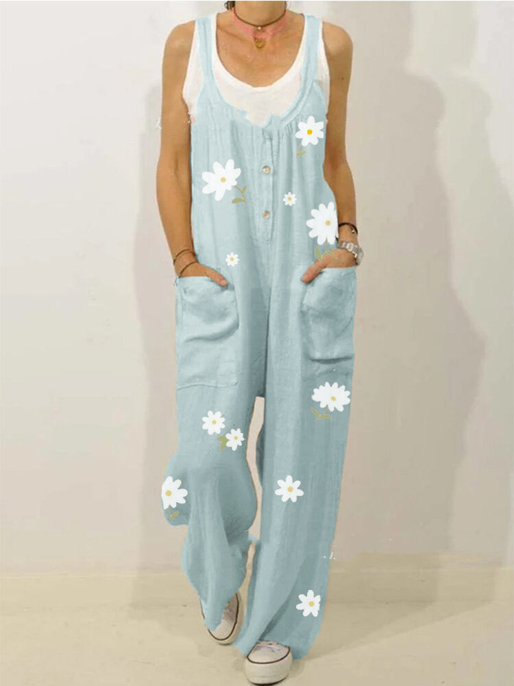European And American New Style Cotton And Linen Printed Jumpsuit