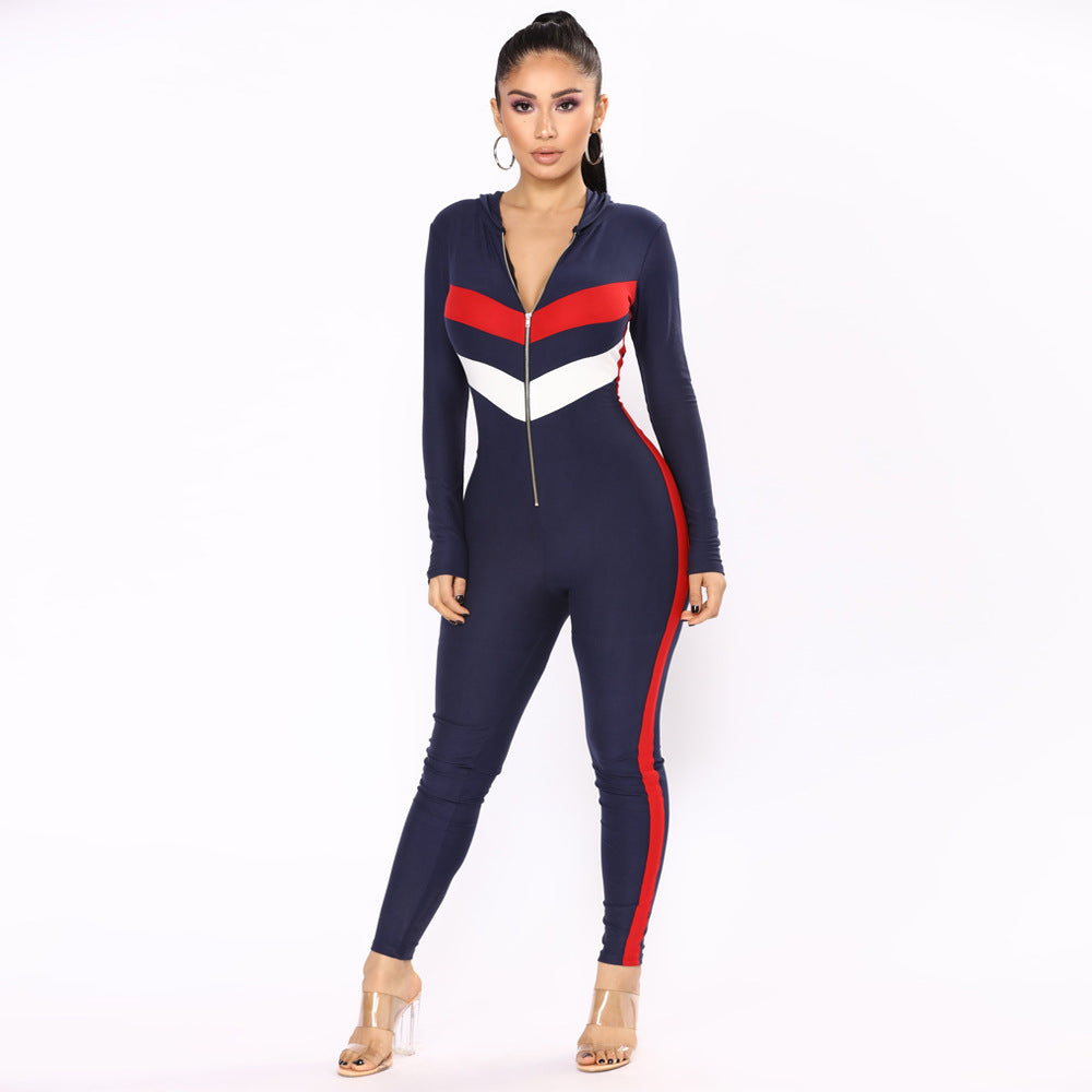 Women's Sexy Slim Stitching Hooded Jumpsuit