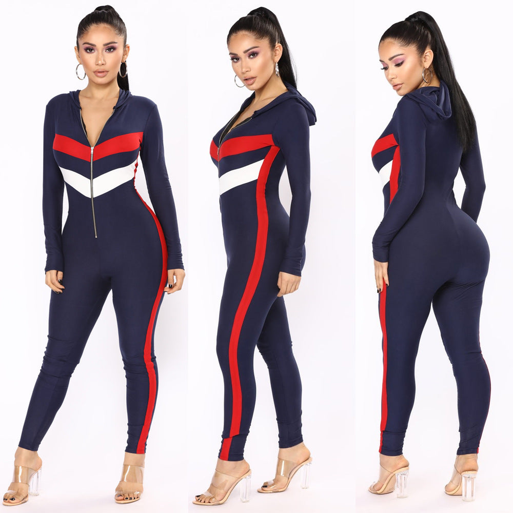 Women's Sexy Slim Stitching Hooded Jumpsuit