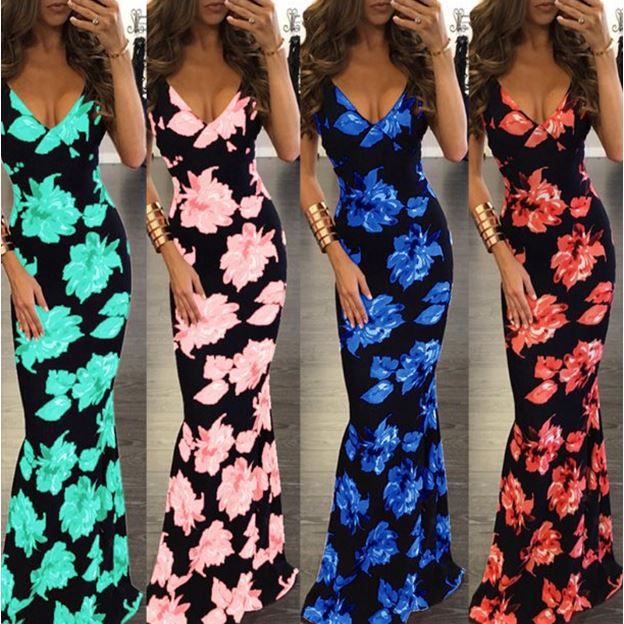 Spring European and American Women's Sexy Printed Sling Dress Party Dress