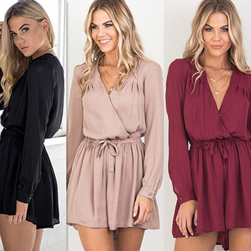 Ladies New  Cross V Neck Tie Jumpsuit