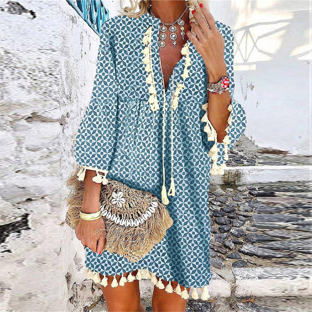 Summer Tassel Design Lady Party Dress Fashion Deep V Neck