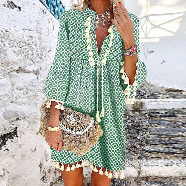 Summer Tassel Design Lady Party Dress Fashion Deep V Neck