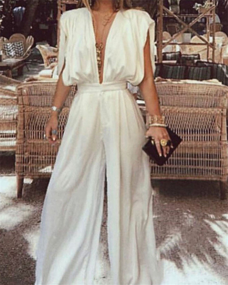 Deep V Sexy High Waist Wide Leg Trousers OL European And American Jumpsuit