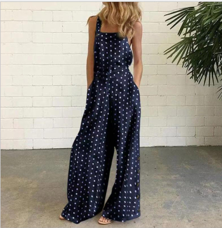 Cotton And Linen Printed Button Trim Suspenders Jumpsuit
