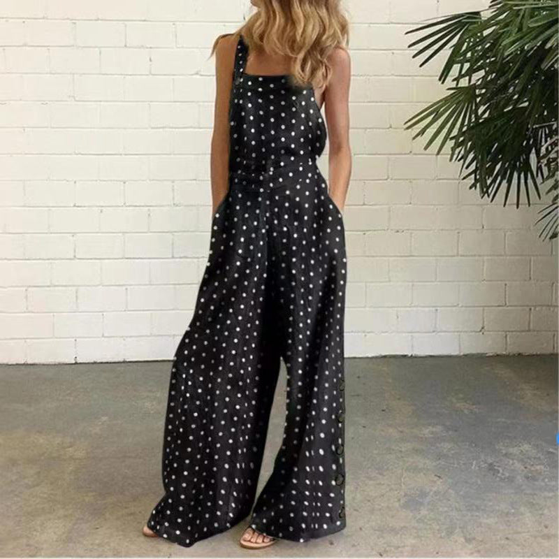 Cotton And Linen Printed Button Trim Suspenders Jumpsuit
