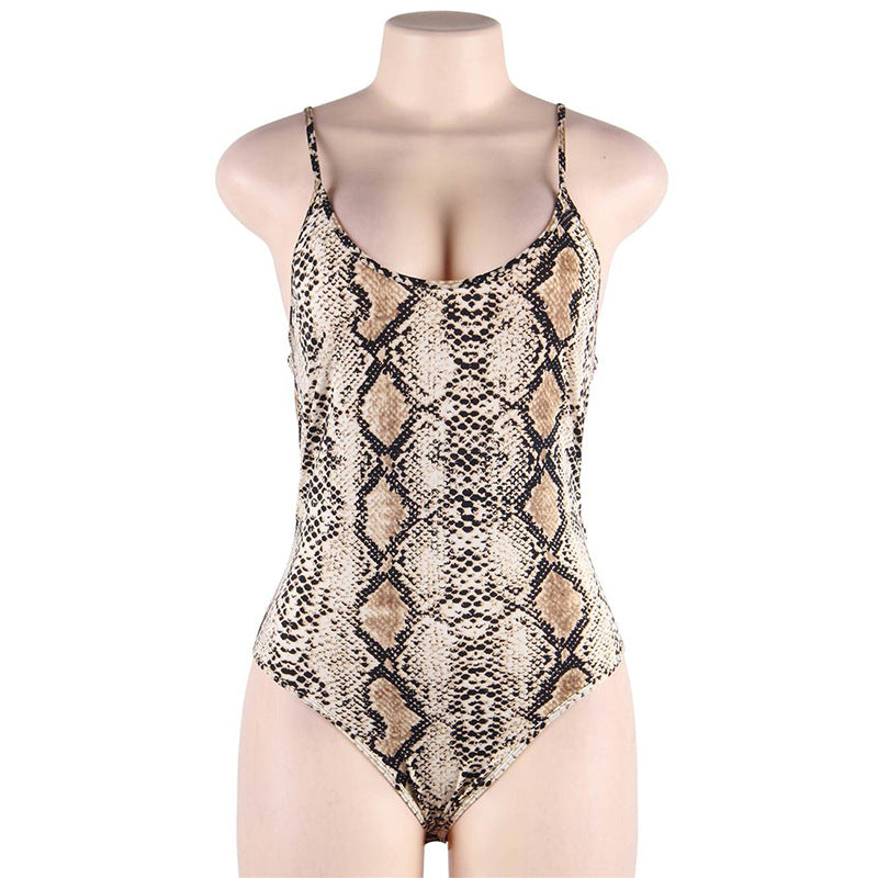 Leopard Snakeskin Print Suspender Bodysuit With Crotch Snaps