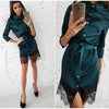 Woman Sexy Lace Button Patchwork Mini Dress Casual Three Quarter Sleeve Sashes Straight Dresses Spring Autumn Female Party Dress