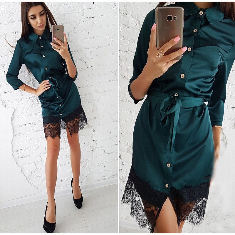 Woman Sexy Lace Button Patchwork Mini Dress Casual Three Quarter Sleeve Sashes Straight Dresses Spring Autumn Female Party Dress