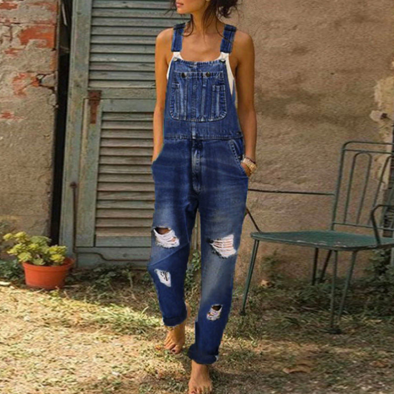 Jumpsuit Women's Fashion Denim Ripped Hole Cut Solid Color Overalls