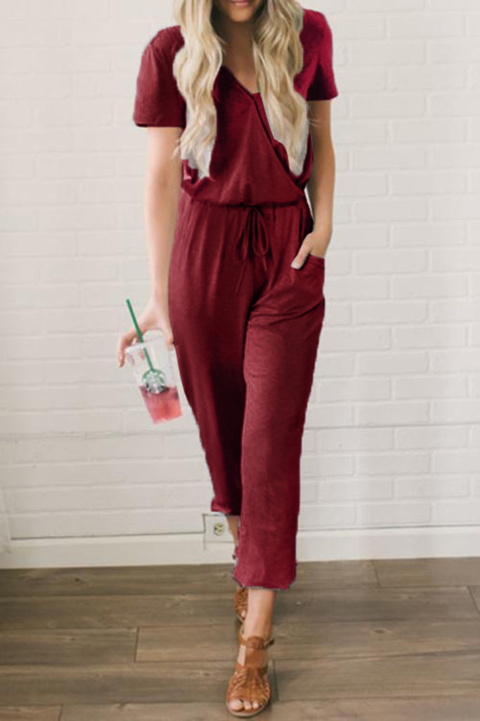 Lace-up V-neck Short-sleeved Slim Women's Jumpsuit