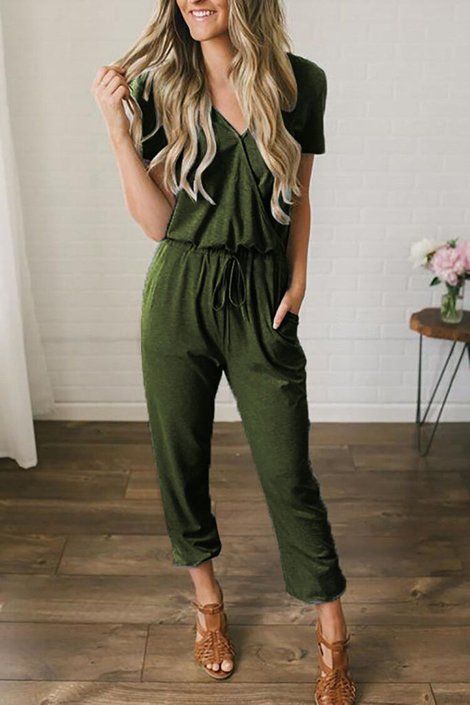 Lace-up V-neck Short-sleeved Slim Women's Jumpsuit