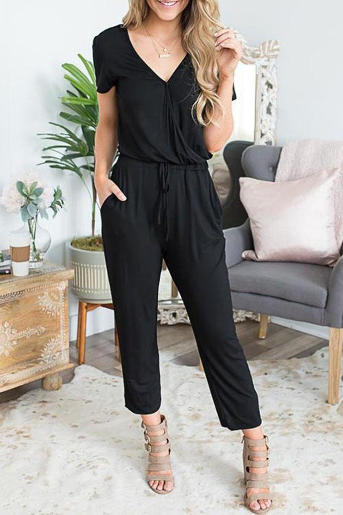 Lace-up V-neck Short-sleeved Slim Women's Jumpsuit