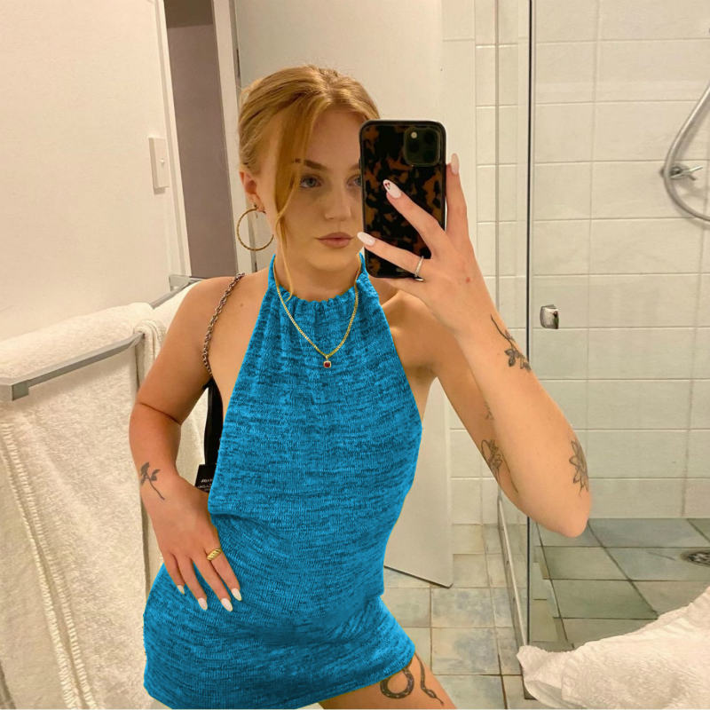 Sandy Beach Holiday Sexy Back Summer Knitted Dress Short Skirt