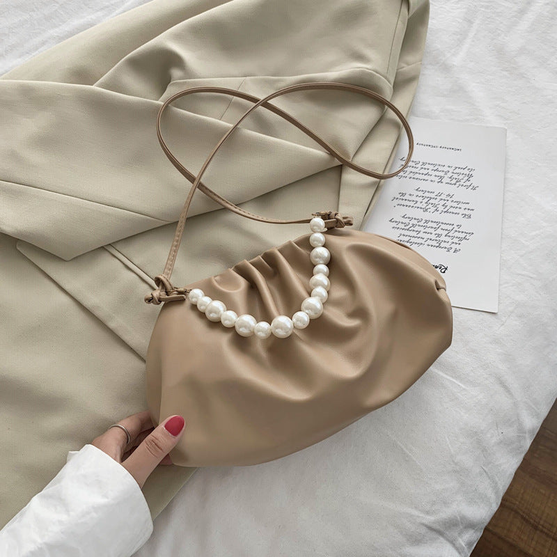 Pearl Chain Pleated Soft Leather Cloud Crossbody Bag
