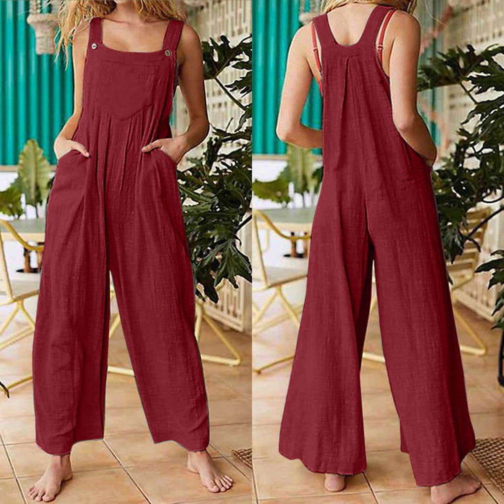 Women's Solid Color Side Pocket Loose Overalls