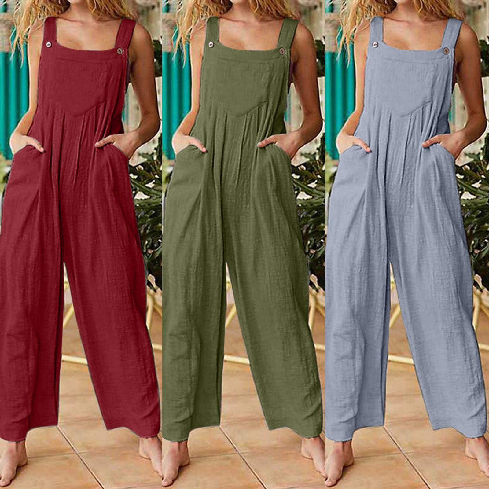 Women's Solid Color Side Pocket Loose Overalls