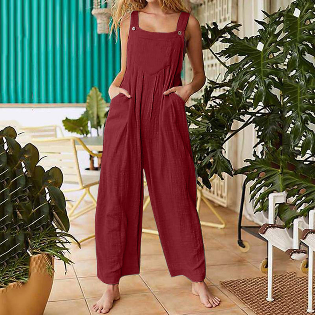 Women's Printed Sleeveless Side Pockets Casual Wide Leg Side Buckle Jumpsuit