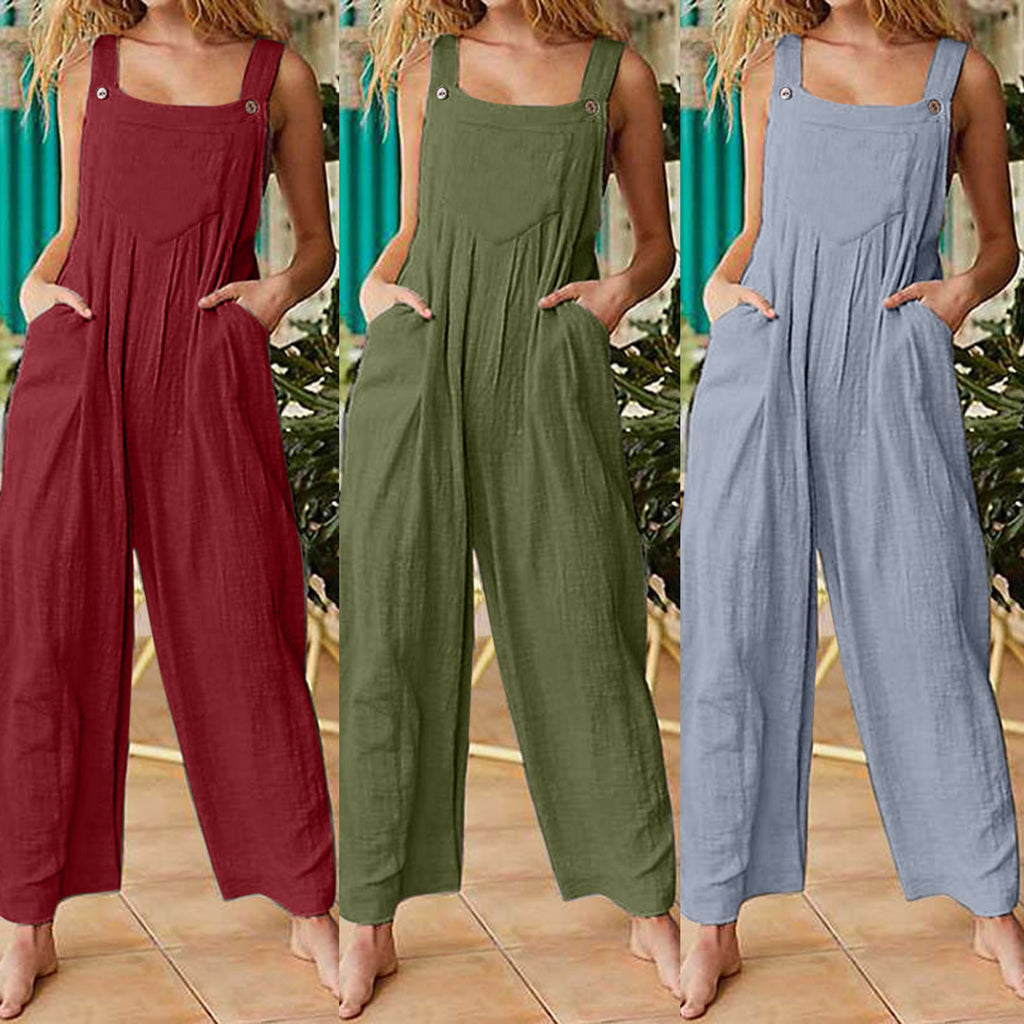 Women's Printed Sleeveless Side Pockets Casual Wide Leg Side Buckle Jumpsuit