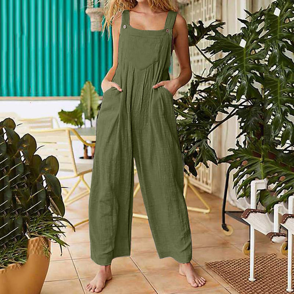 Women's Printed Sleeveless Side Pockets Casual Wide Leg Side Buckle Jumpsuit