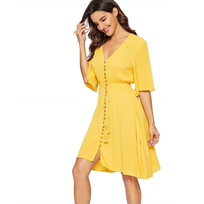 Women's Button Slit V Neck Elegant Party Dress