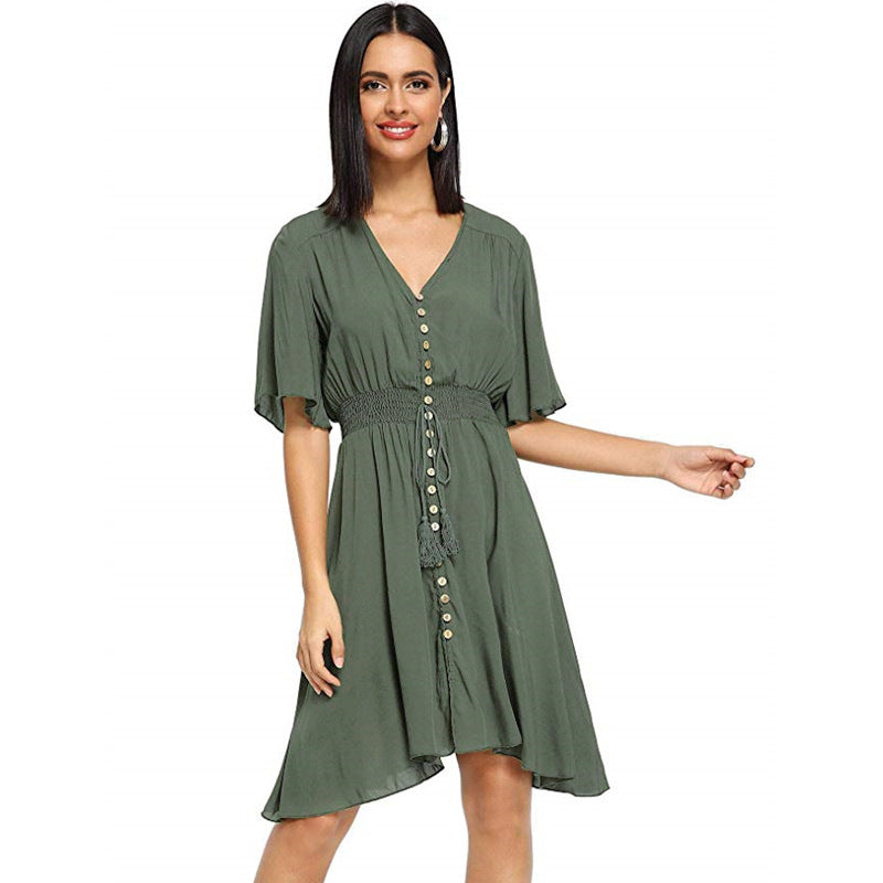 Women's Button Slit V Neck Elegant Party Dress