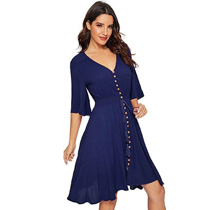 Women's Button Slit V Neck Elegant Party Dress