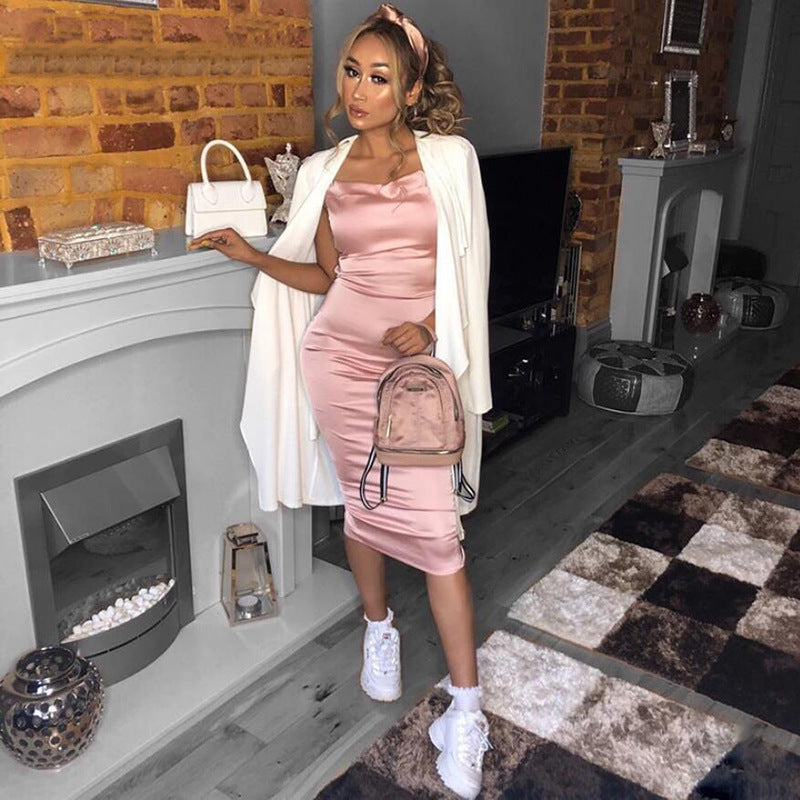 European And American Solid Color Sexy Suspender Skirt Party Dress