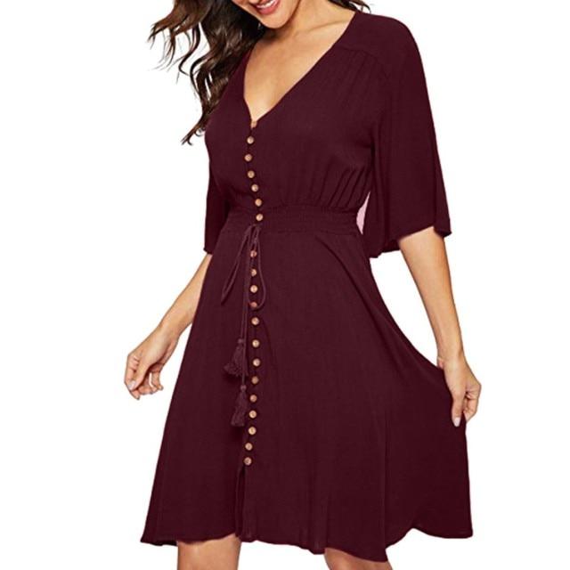 Women's Button Slit V Neck Elegant Party Dress